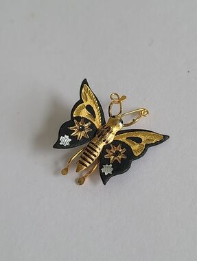 Vintage Toledo Damascene 24K Gold Leaf Handmade Butterfly Brooch Pin Bug Jewelry